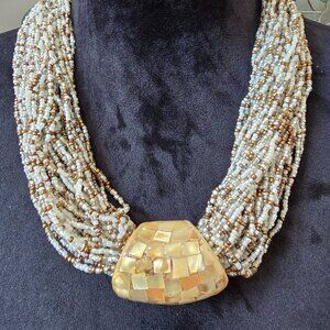 Womens Gold Tone White Seed Beaded Multiple Layered Necklace w/ Lobster Clasp